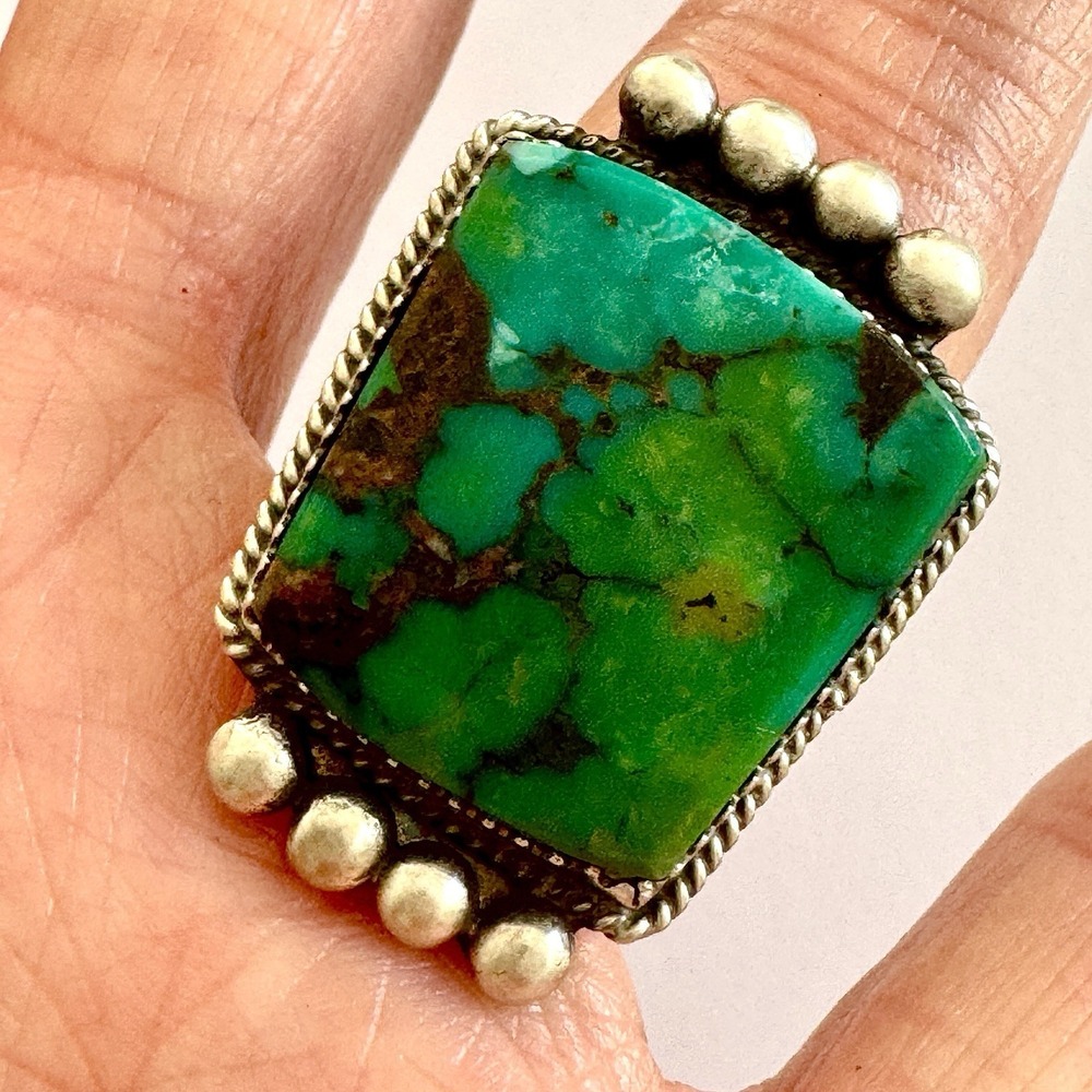 Navajo Turquoise Ring Sz 7 Flat Cab‎ Sterling Signed Selina Warner Native Amer